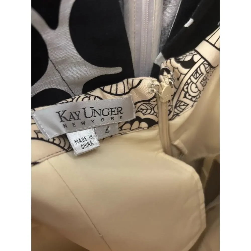Kay Unger Off White and Black Print Strapless A Line Midi Dress Sz 4 - Picture 4 of 4